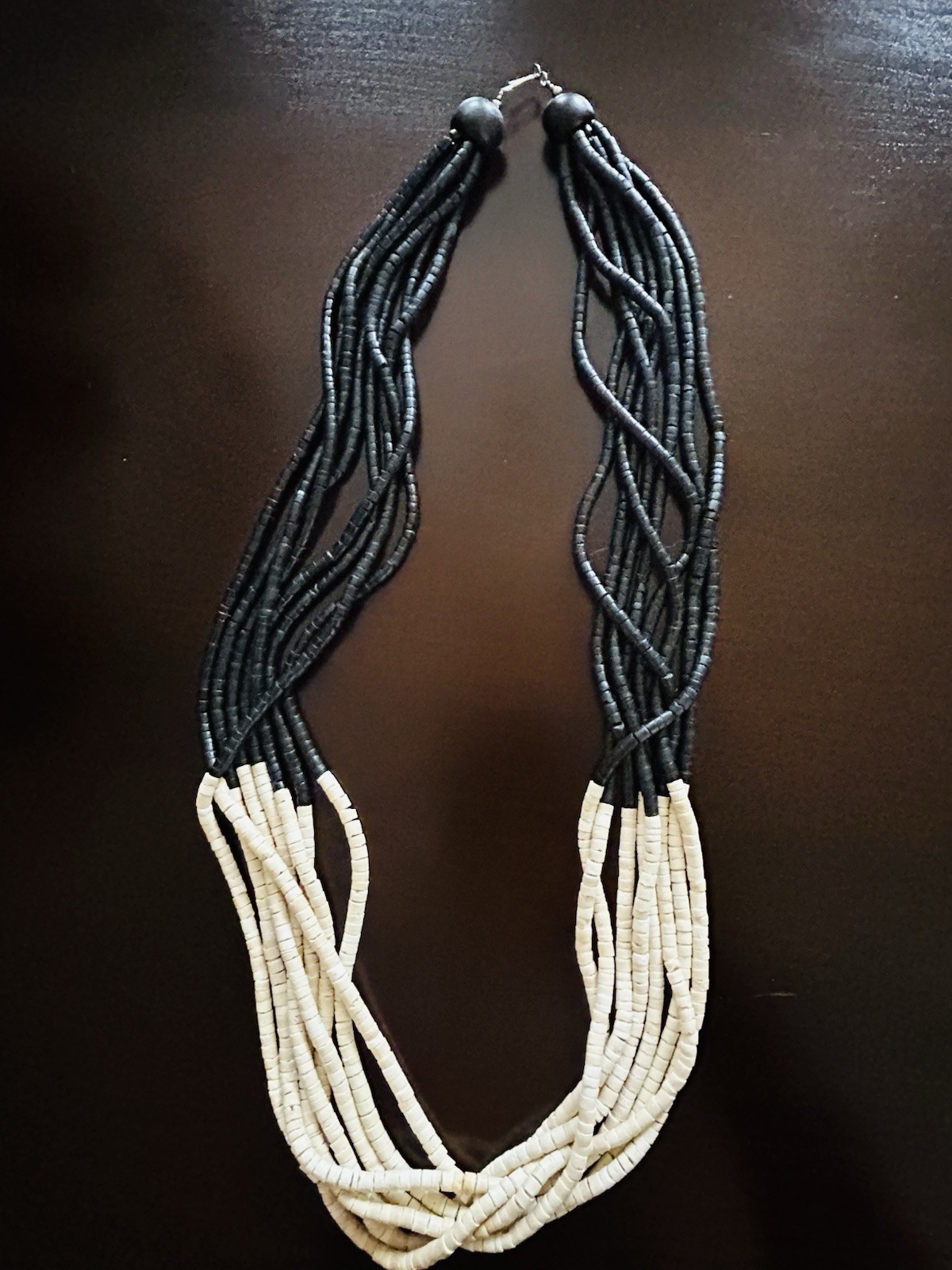 Coconut Shell Necklace 8 Strand Black and Ivory Tribal Unique Ethnic 32 in