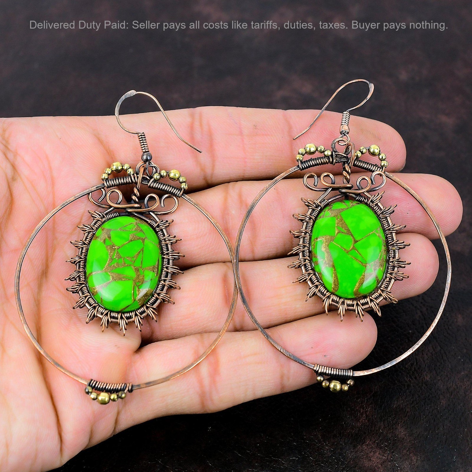 Copper Green Turquoise Gemstone Copper Dangle Drop Wire Wrapped Sister Earrings