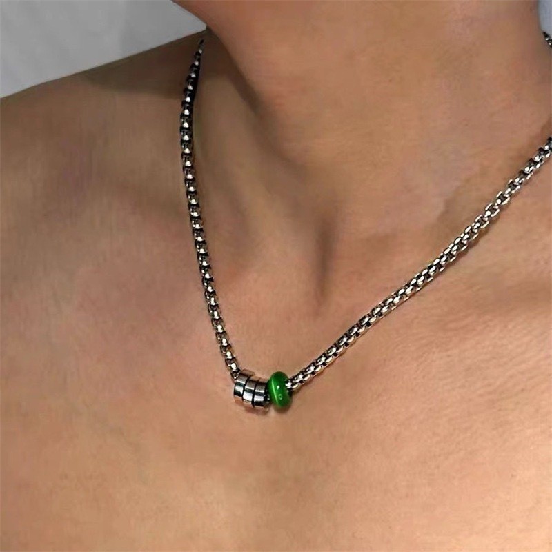 Silver 316 Stainless Steel Box Chain60cm Necklace Green Jade Bead Unisex Jewelry
