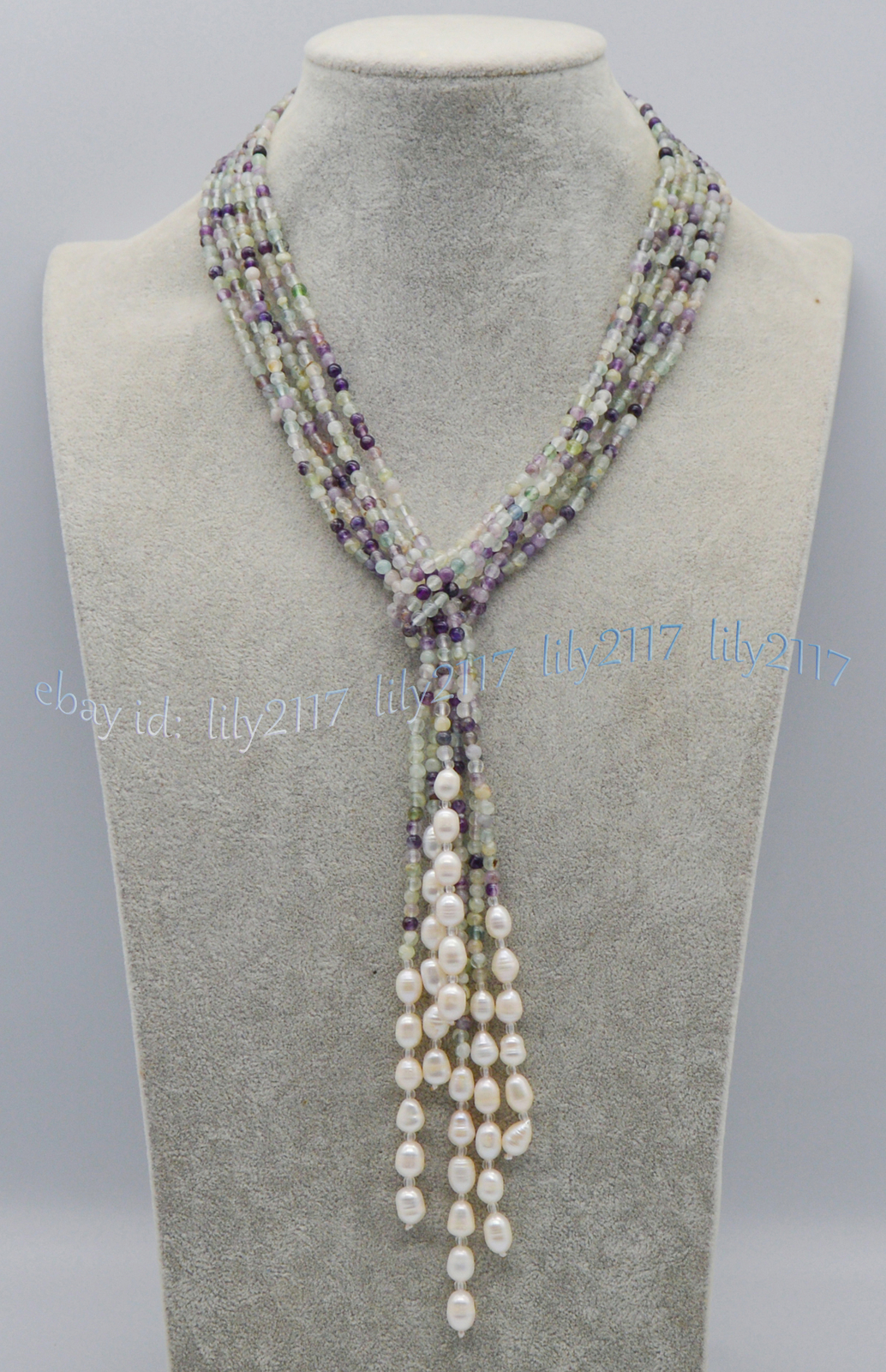 3 Strands 4mm Multicolor Fluorite White Freshwater Rice Pearl Lariat Necklace