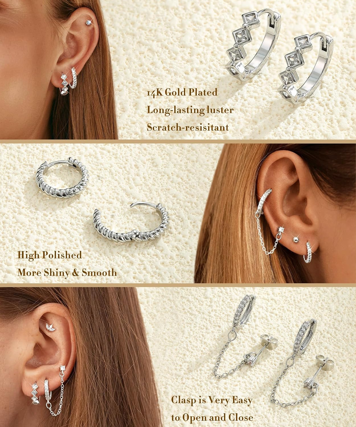 3 Pairs 14K Gold Plated Stud Hoop Earring Stacks for Women Trendy Chain Dangle H