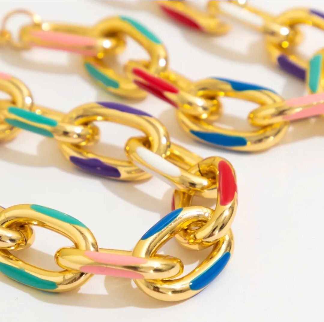 Chunky Statement Jewelry Set Gold Multi Color Necklace & Bracelet 13-8