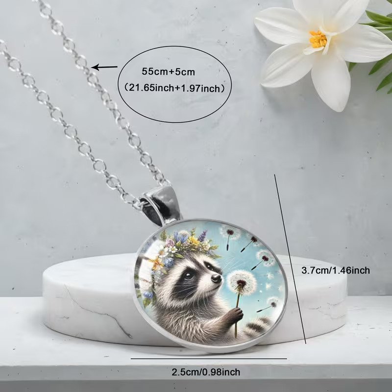 Cute Raccoon & Dandelion Round Pendant Necklace Elegant Charm Animal Lover