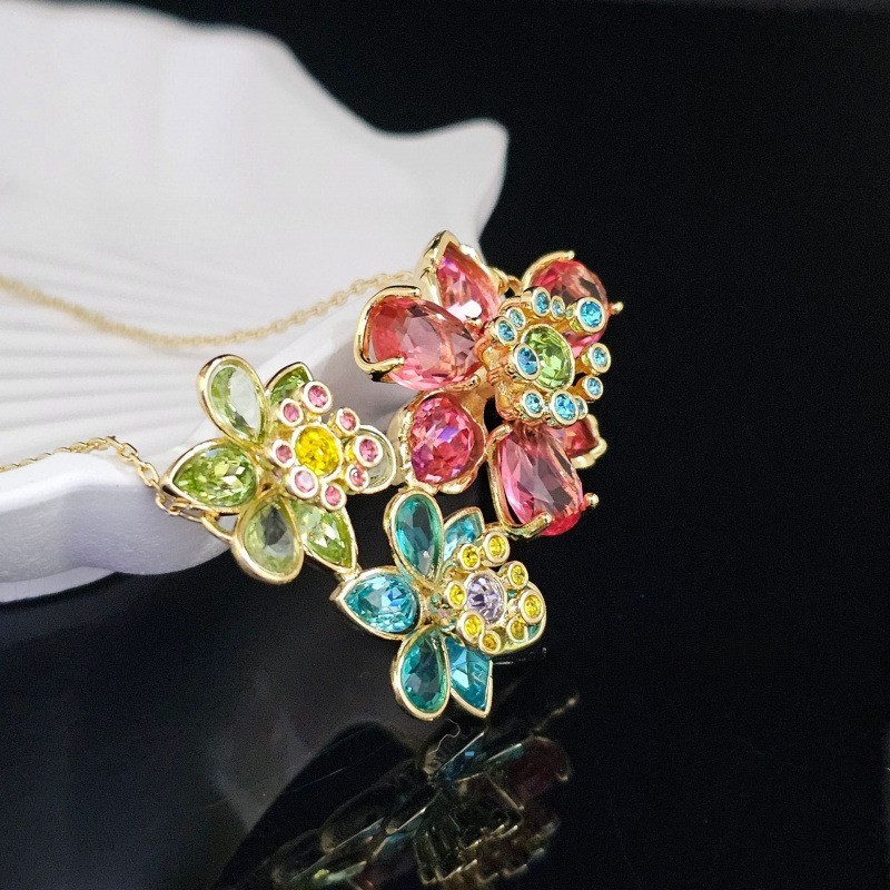 Idyllia Crystal Colorful Floral Necklace Bracelet Earrings Set Luxury Jewelry