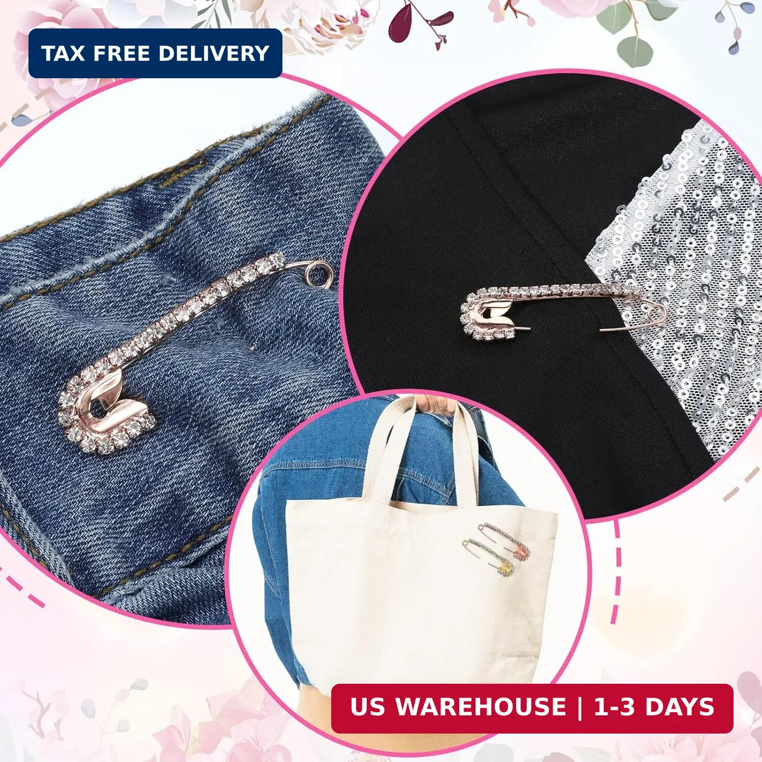 6 Pcs Rhinestone Safety Pins, Fancy Safety Pins for Clothes, Faux Crystal Brooch