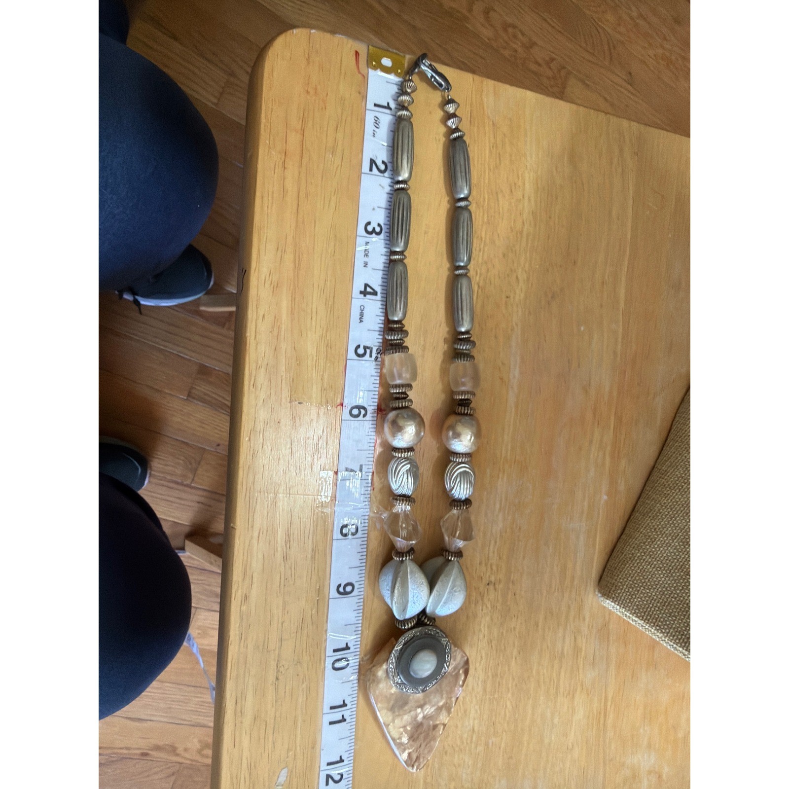 Mixed Media Chunky Statement Necklace Silver Tone Resin Pendant Boho Artsy