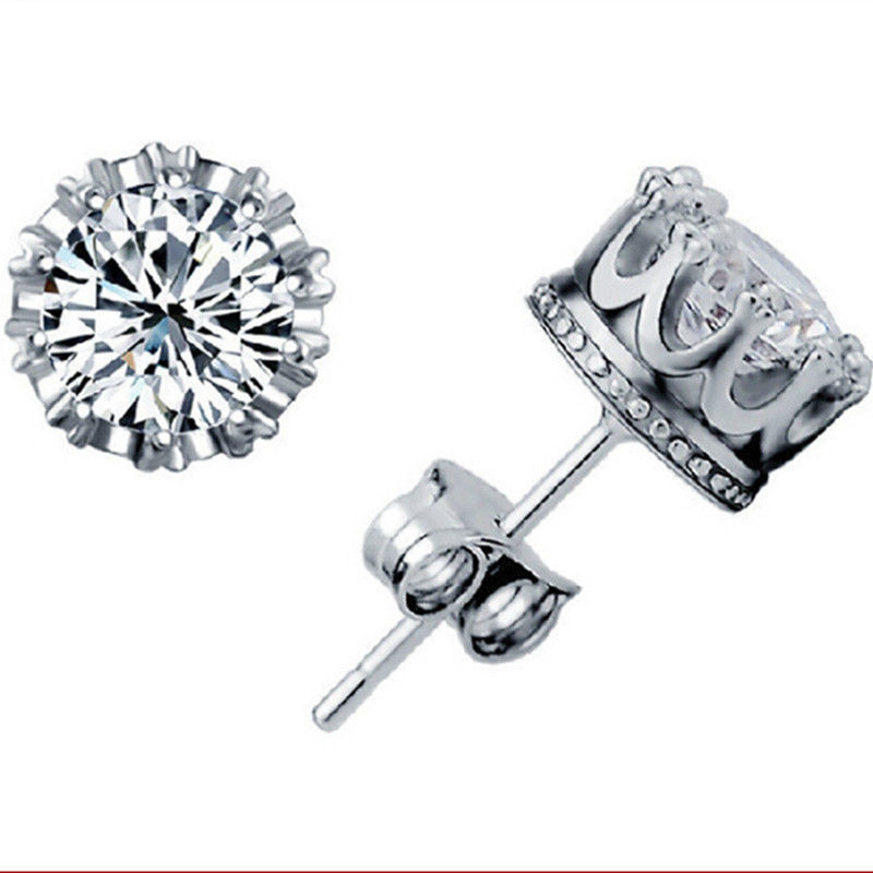 Pretty Silver Plated Round Crown Set Clear White 8mm CZ Stud Earrings
