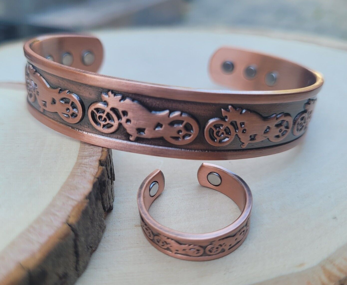 Solid Copper Magnetic Bracelet Ring Set Arthritis Cuff Ring Set Motorcycle