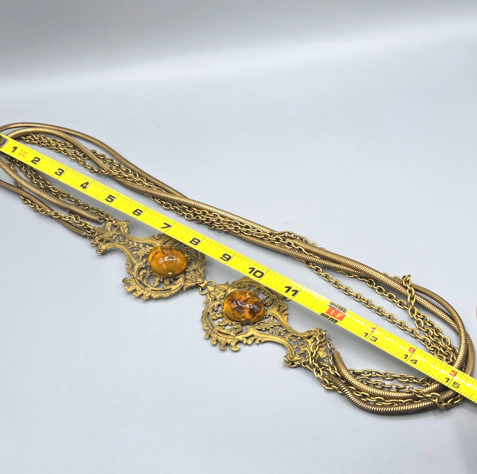 Woloch Paris Signed Couture Gilt Amber Gripoix Glass Chain Belt Necklace 32″