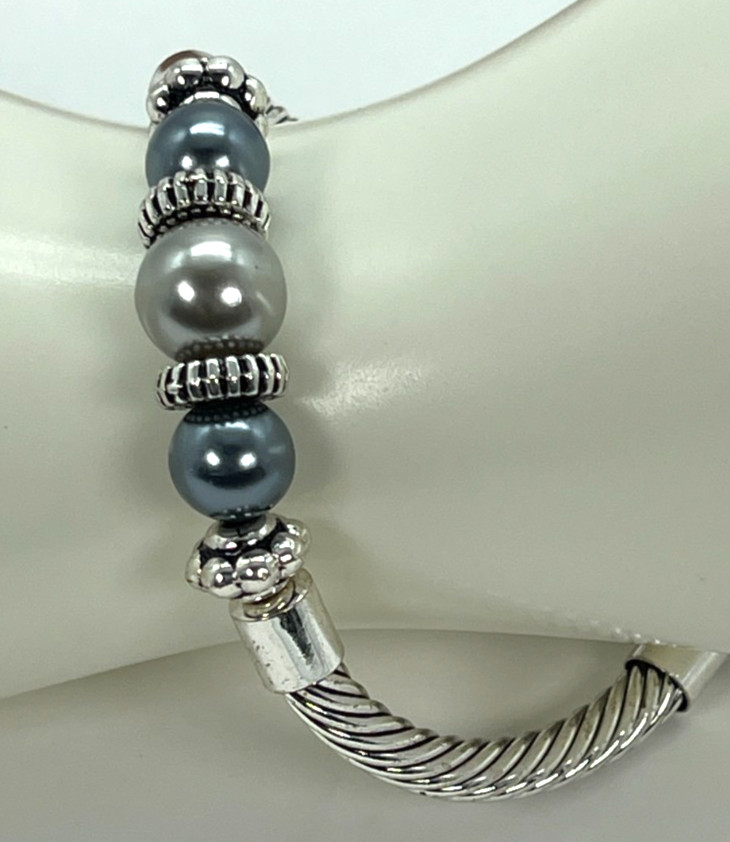 Bracelet Stainles Steel w/Gray Simulated Pearls & Clear Crystal Accents 7 Inches