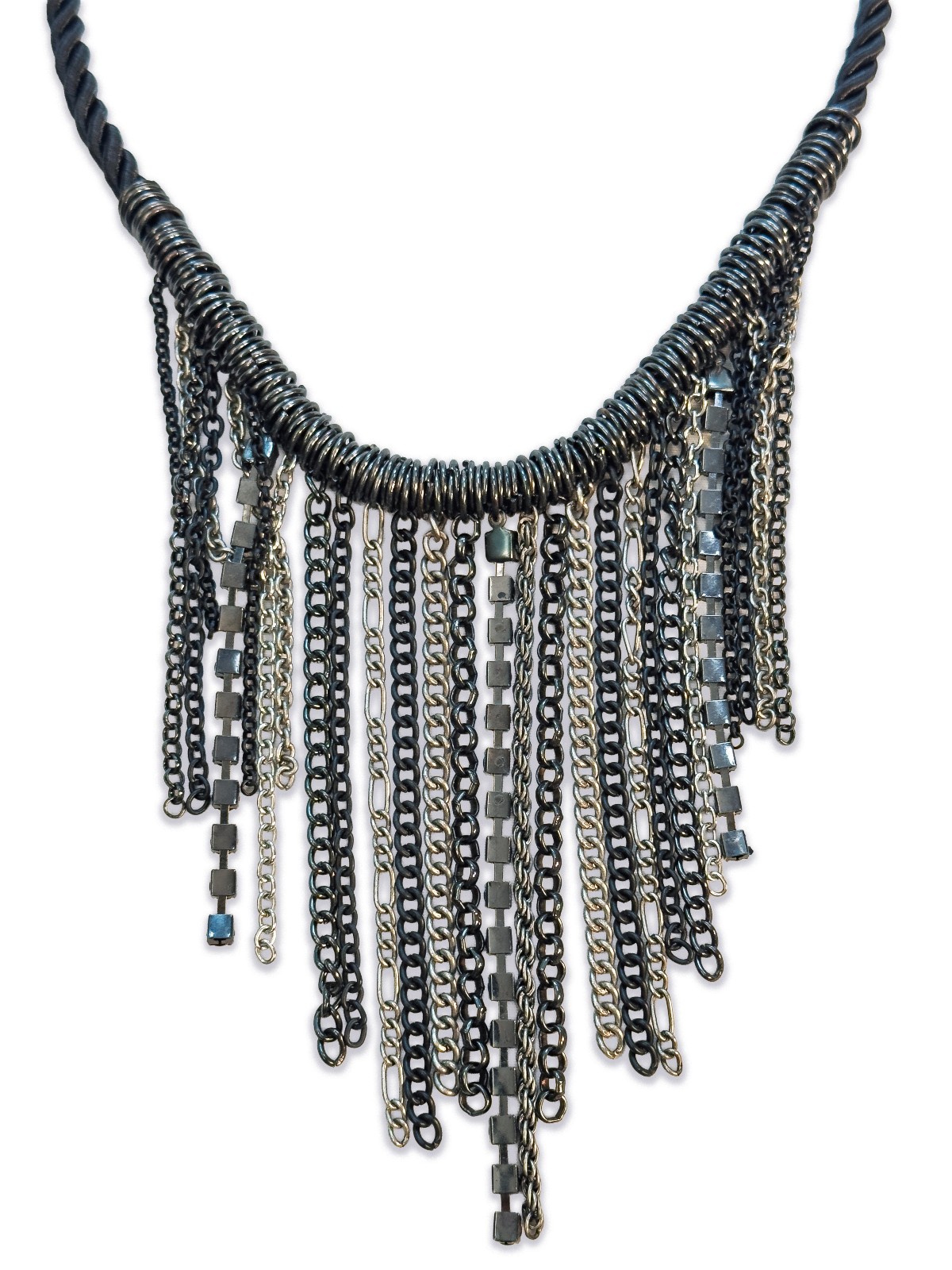 Tassel Fringe Chain Metal and Rhinestone Mix Rope Cord Statement Necklace