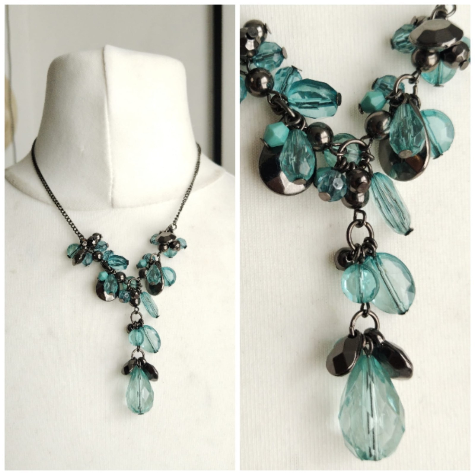 Y Drop Dark Metal Chain short Necklace, Teal, Gunmetal Mixed shapes Beads