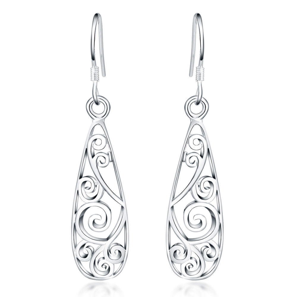 Awesome New Silver Plate Openwork Elongated Teardrop Hook Dangle Drop Earrings