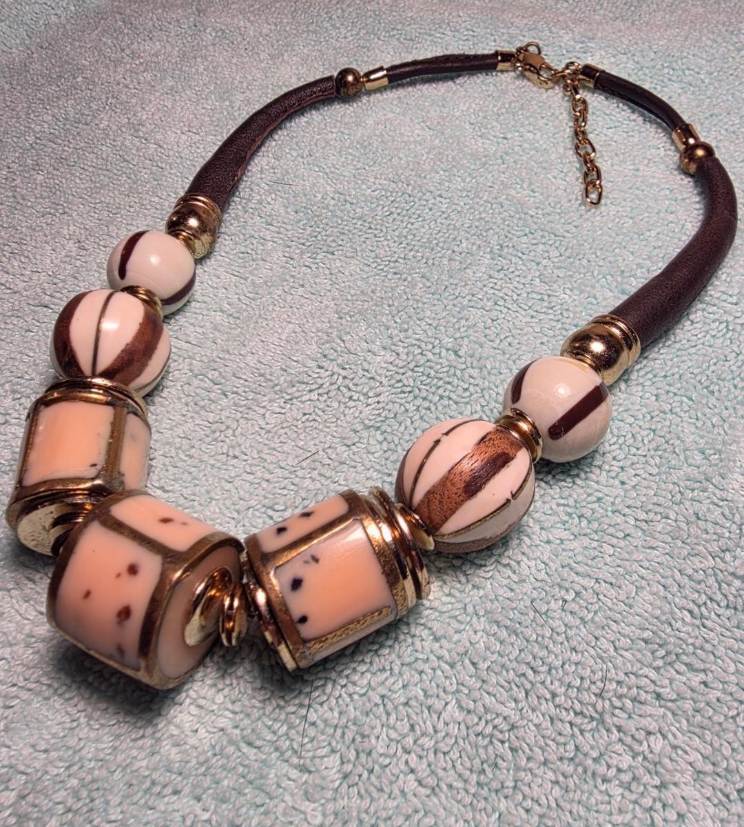 Artisan Boho Statement Necklace Chunky Safari Tribal Ceramic Beads Leather Cord