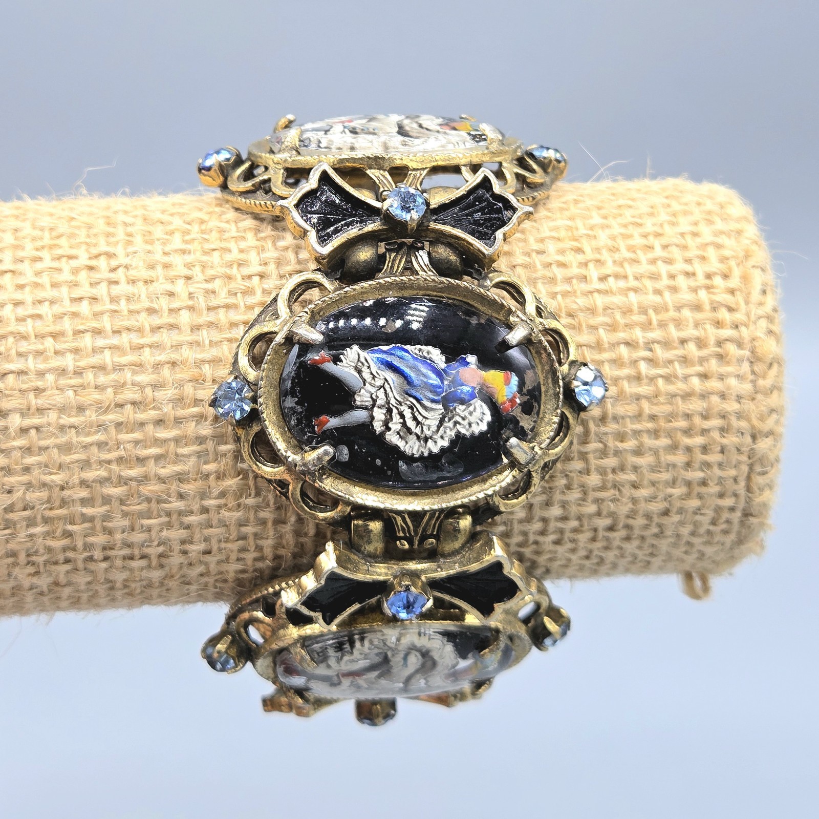Vintage Can-Can Dancer Intaglio Reverse Paint Glass Panel Link Bracelet Earrings