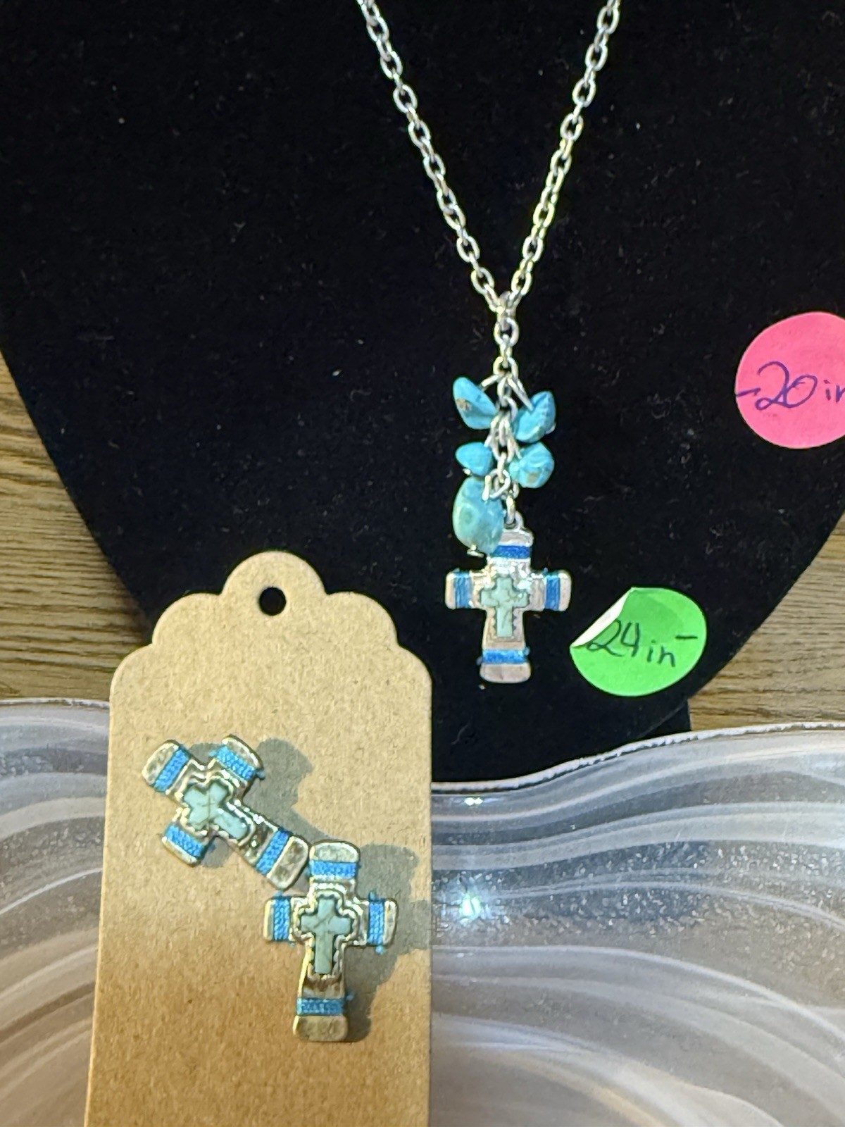 Silver Tone Cable Chain Necklace Butterfly Charm Blue Cross Pendant 19 in