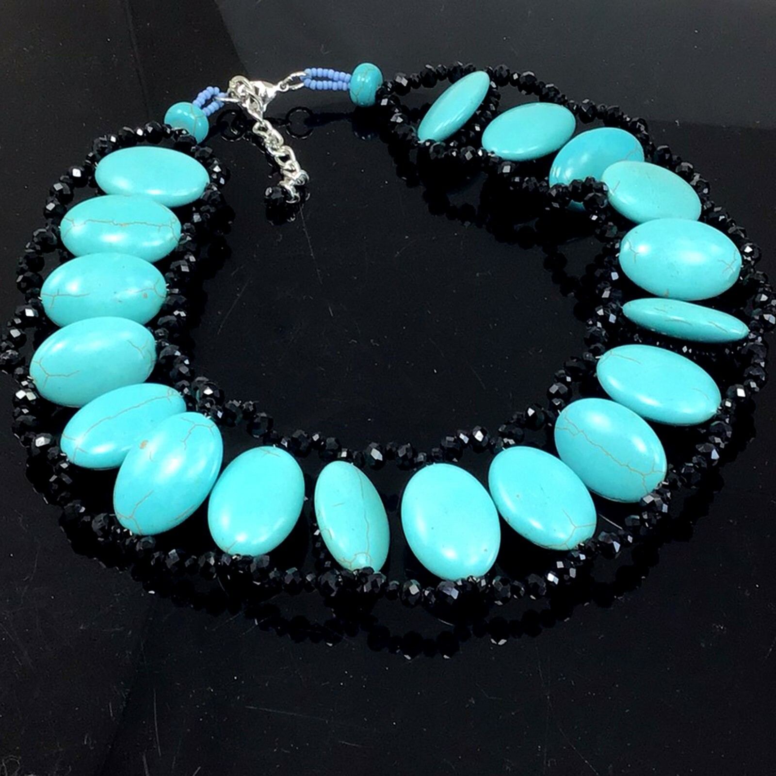 Magnesite Turquoise & Black Crystal Beads Necklace w/Silver Tone Clasp 18-20.5″