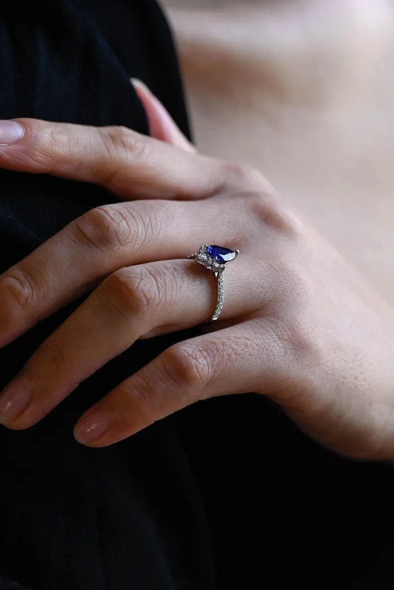Lab Grown Blue Sapphire With 18k White Gold Plated Silver Women’s Ring #85