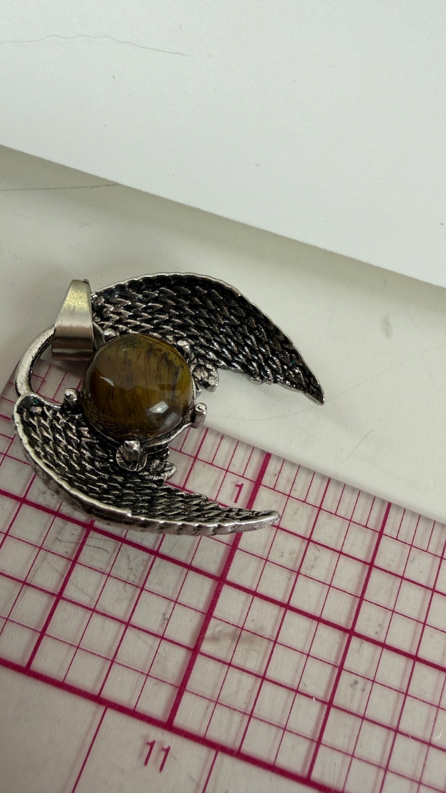 Angel Wing Tiger’s Eye Pendant | Silver Tone Fantasy Gothic Jewelry