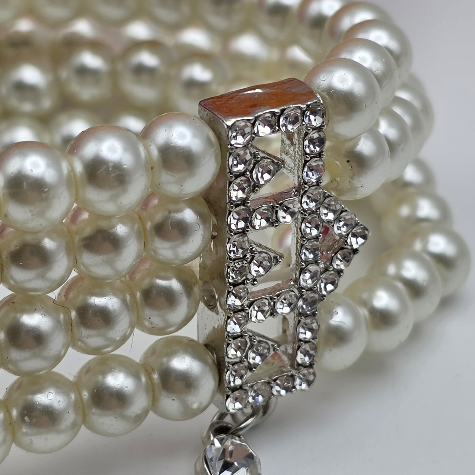 Vintage Faux Pearl Slave Bracelet Ring Set Clear Crystal Pave Stretch Bridal