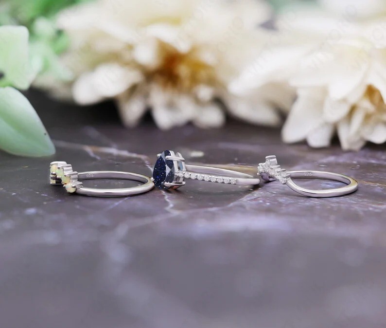 Sandstone Engagement Triple Ring Set Silver Gemstone Ring Art Deco Bridal Ring