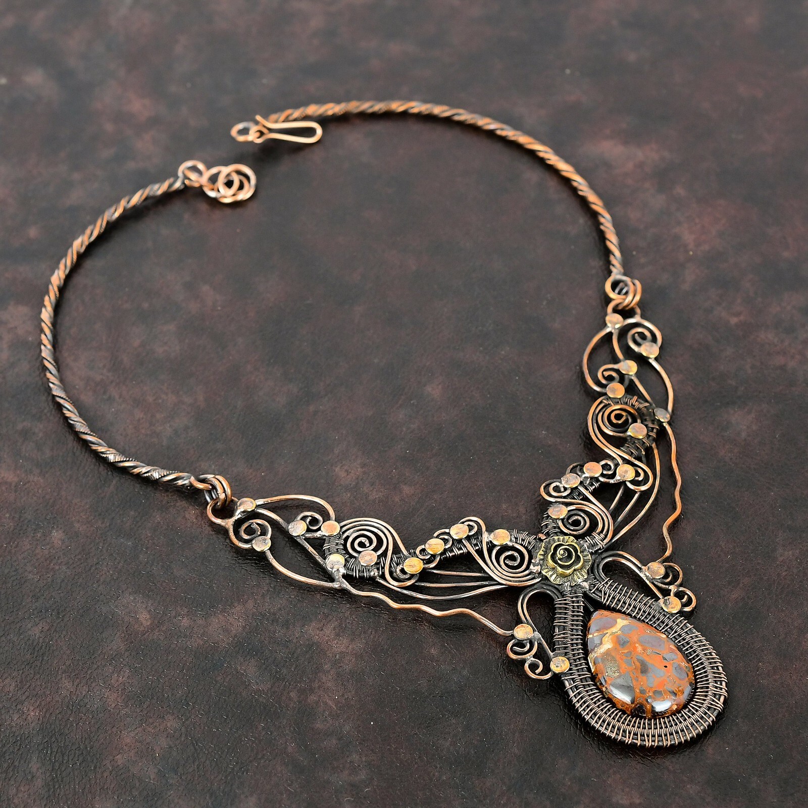 Gift For Her Copper Bauxite Wire Wrapped Flower Chain Adjustable Necklace 18.0″