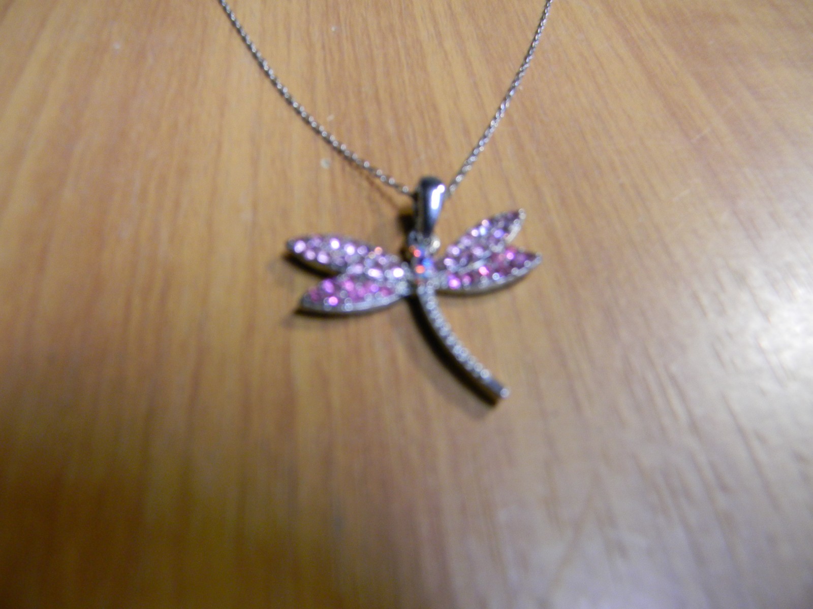 Dragonfly Pendant 17″ Necklace Silver tone Pinkish Rhinestones Insect Jewelry