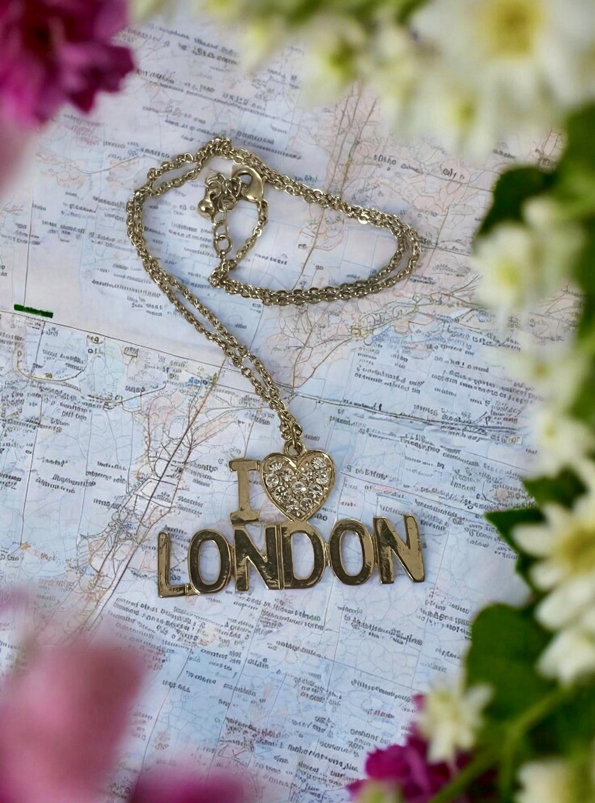 I Heart London Rhinestone Encrusted Heart 1 7/8” X 1” Charm GT 20” Necklace