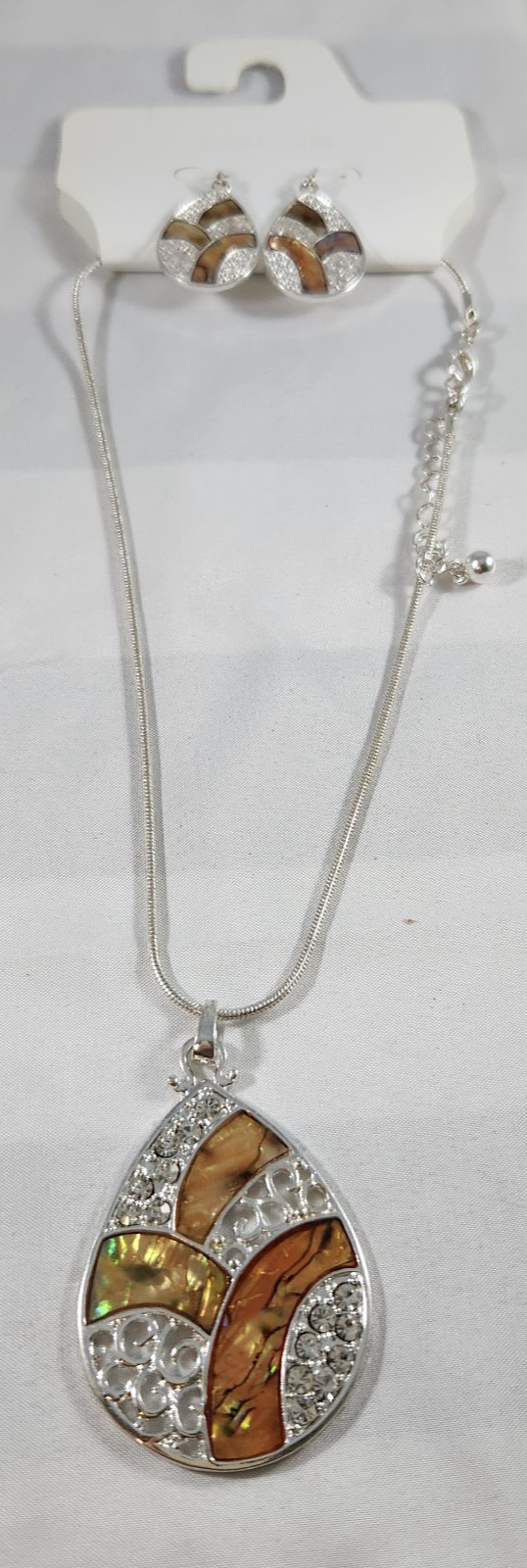 Kohls Color Necklace and Earring set Silver Tone Brown tone Inlay New 18″