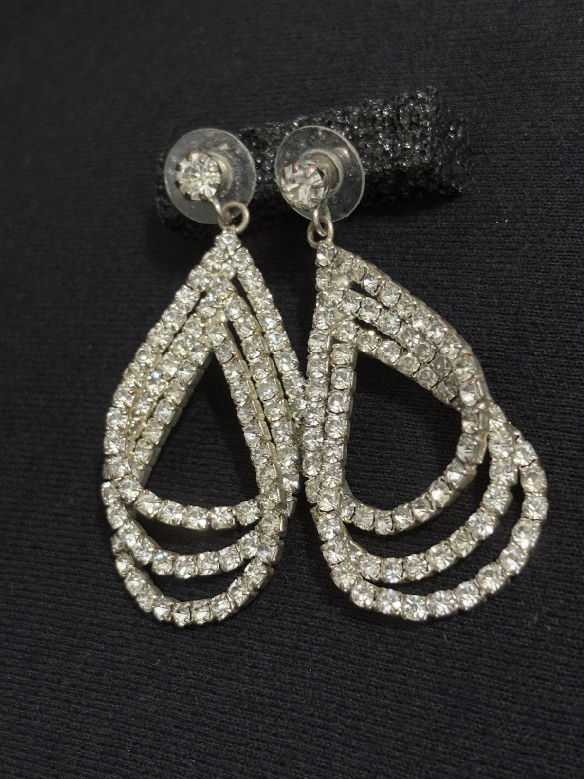 Vintage Rhinestone Teardrop Dangle Earrings Silver Tone Open Drop Statement