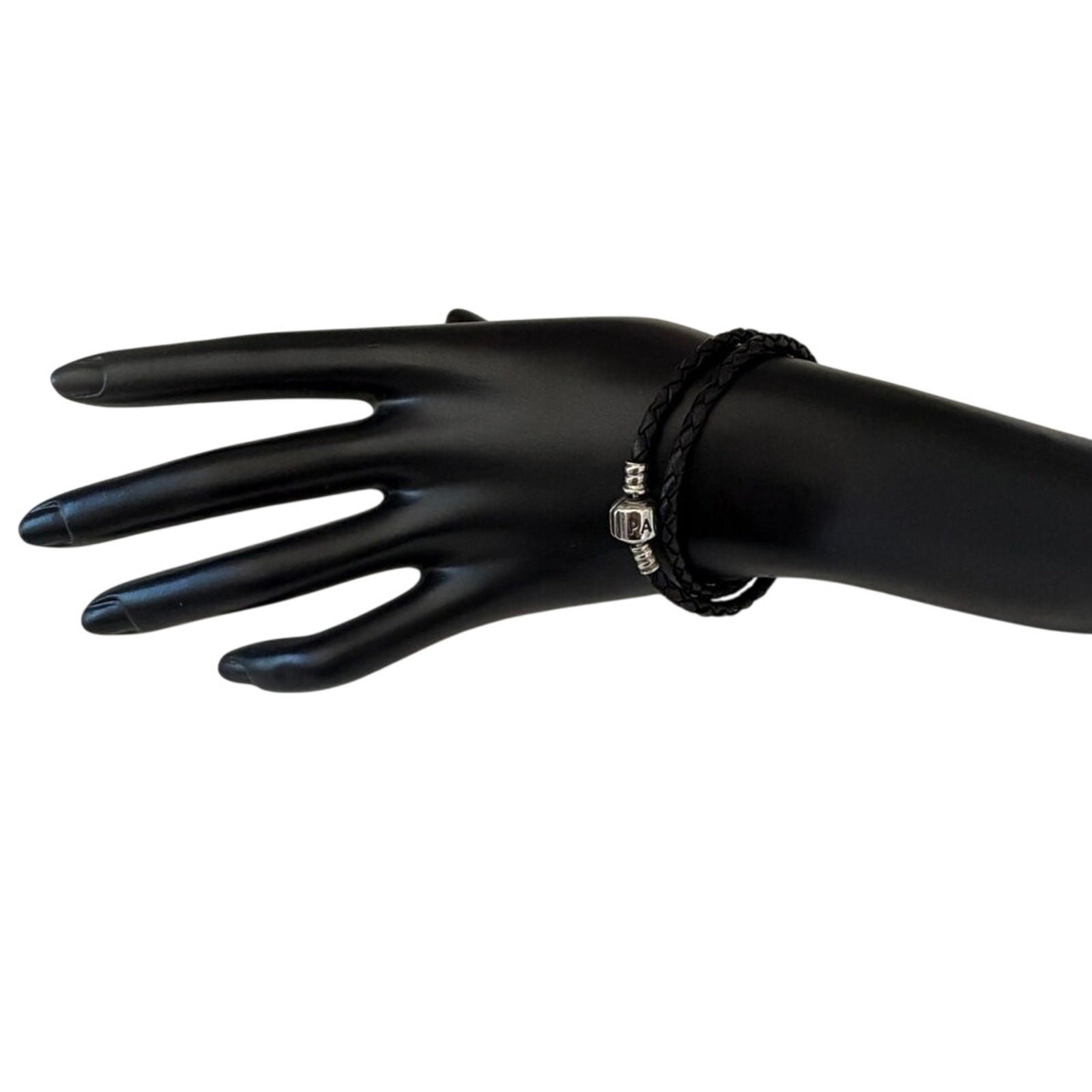 Pandora Moments Double Black Leather and Silver Bracelet, 6 3/4″
