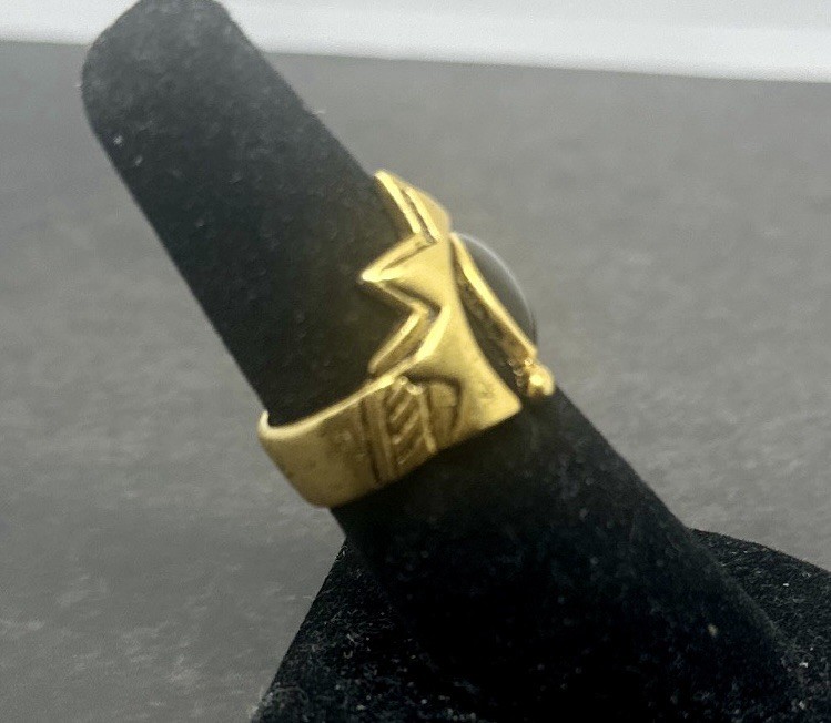 Matte Gold Tone Geometric Etched Design Black Enamel Size 7 Statement Ring