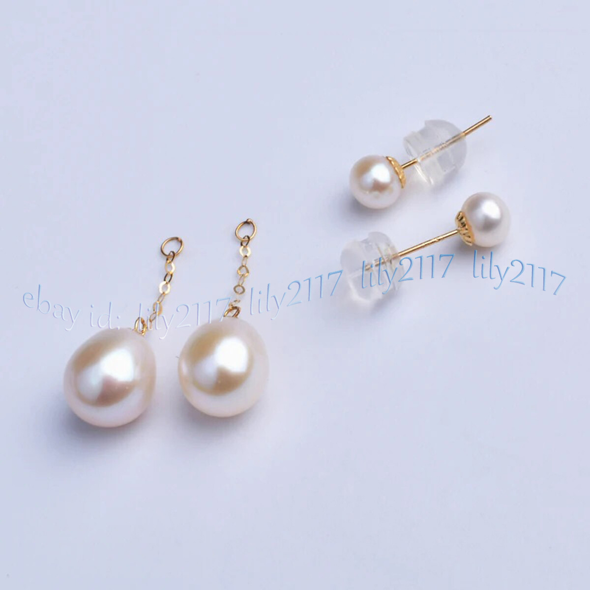 7-8mm Genuine Natural White Freshwater Pearl Drop Pearl Dangle Gold Stud Earring