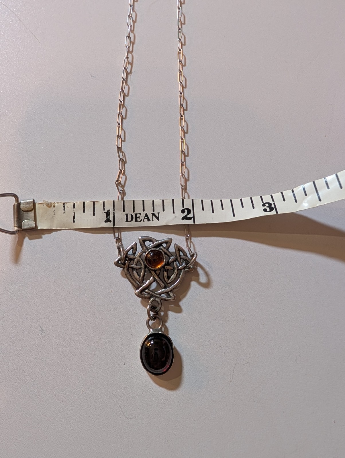 Sterling Silver Celtic Knot Oval Garnet and Round Amber Cabochon Chain Necklace