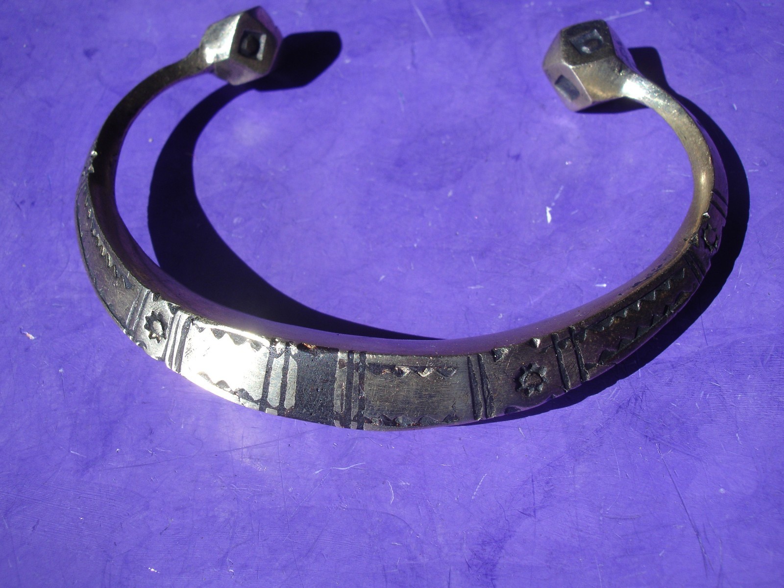 Niger Tuareg gold colour BRASS hand engraved SHAPED open bracelet cuff