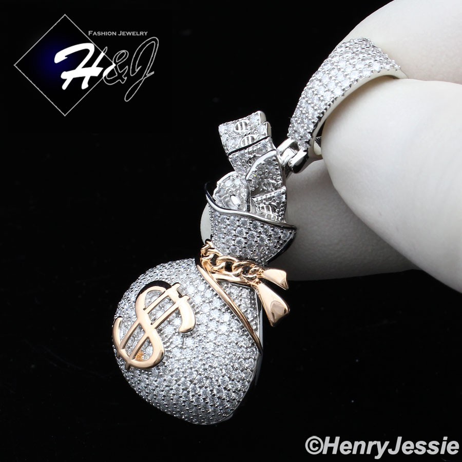 MEN SOLID 925 STERLING SILVER ICY MOISSANITE 3D $ SIGN MONEY BAG PENDANT*MRGP561