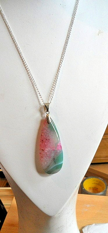 Agate TEARDROP on silver chain 20″long Pink green