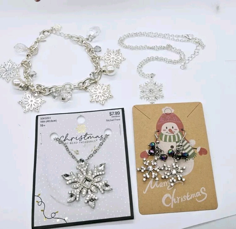 Snowflake Christmas Necklace Bracelet Earring Lot Silver tone Set of 4