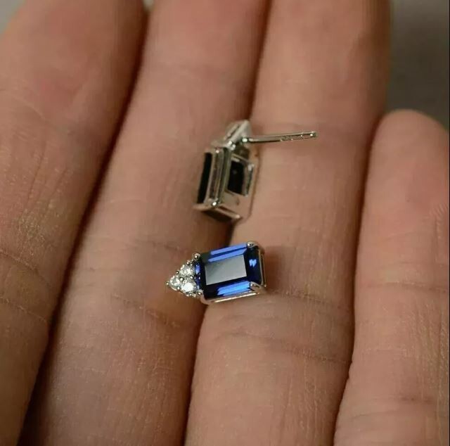 2Ct Emerald Cut Lab Created Sapphire Diamond Stud Earring 14K White Gold Plated
