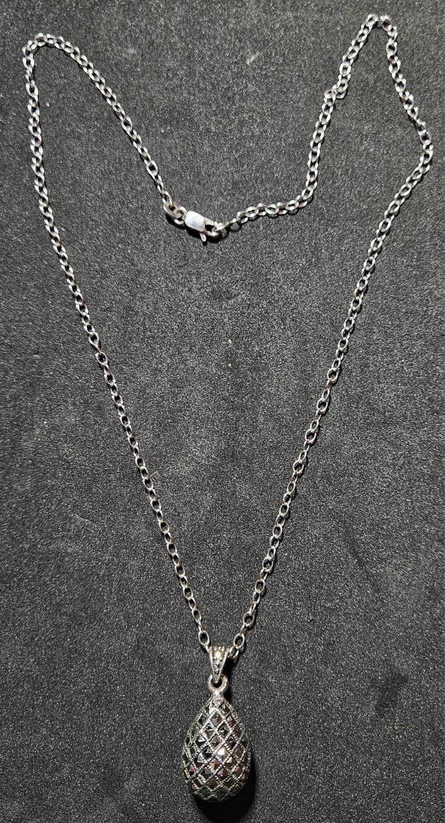 Black Hematite Teardrop Pendant With Necklace Marked .925 Sterling Sliver