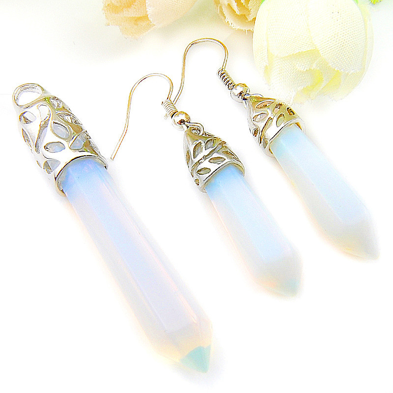 Jewelry Set Hexagon Style Rainbow Moonstone Gemstone Silver Pendant Earrings