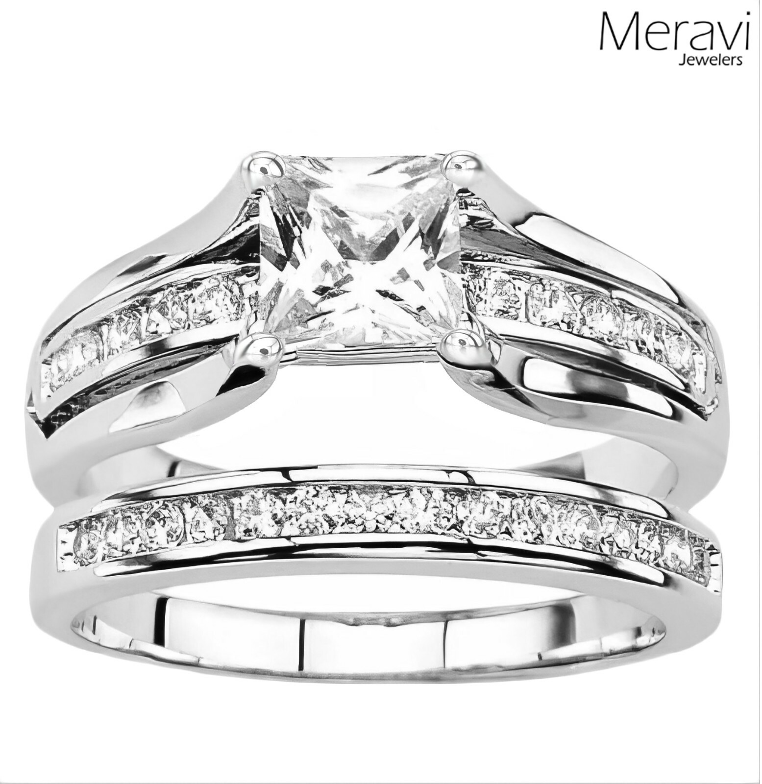 Solid 925 Sterling Silver Wedding Band Princess Cut CZ Women Engagement Ring Set