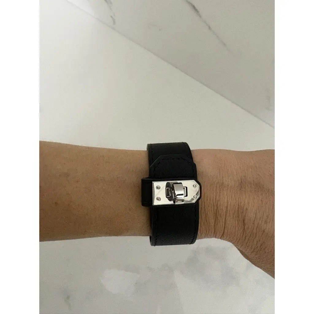 Hermès Black Leather Kelly Twist Bracelet Size T2 Silver Hardware Authentic