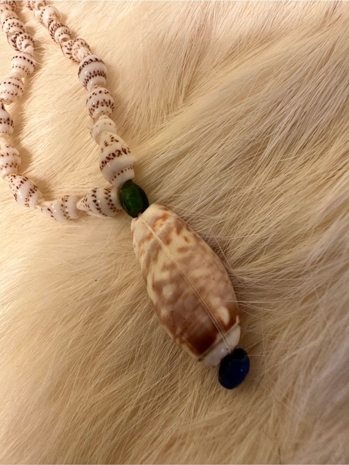 Handcrafted Beige Shell Pendant Necklace with Green & Blue Accents
