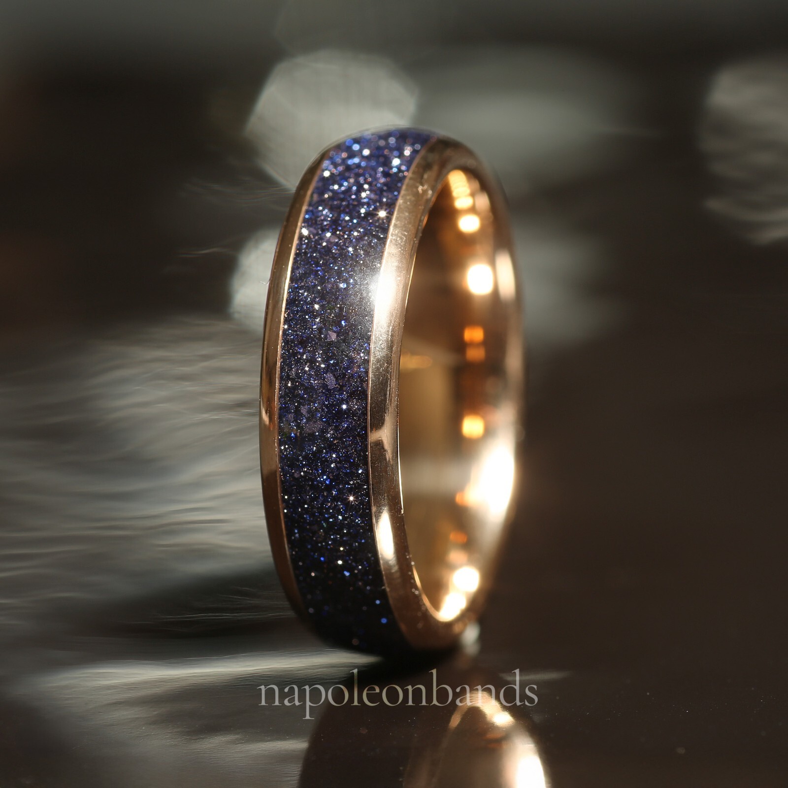 Galaxy Rose Gold Couples Ring Set, Sandstone Nebula Wedding Bands, Comfort Fit