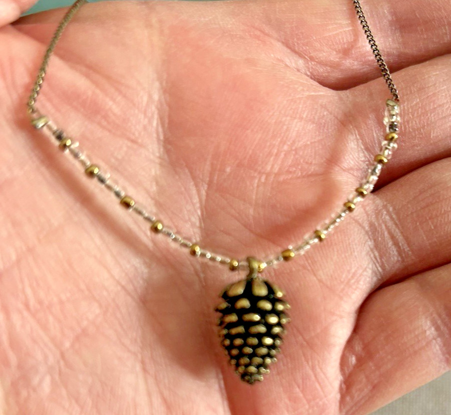 Coldwater Creek Pinecone Pendant Necklace Brass Tone w/ Brass & Clear Beads 18″