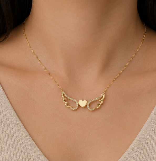 1Ct Angel Wings Simulated Diamond Amulet Pendant Necklace 14K Yellow Gold Plated