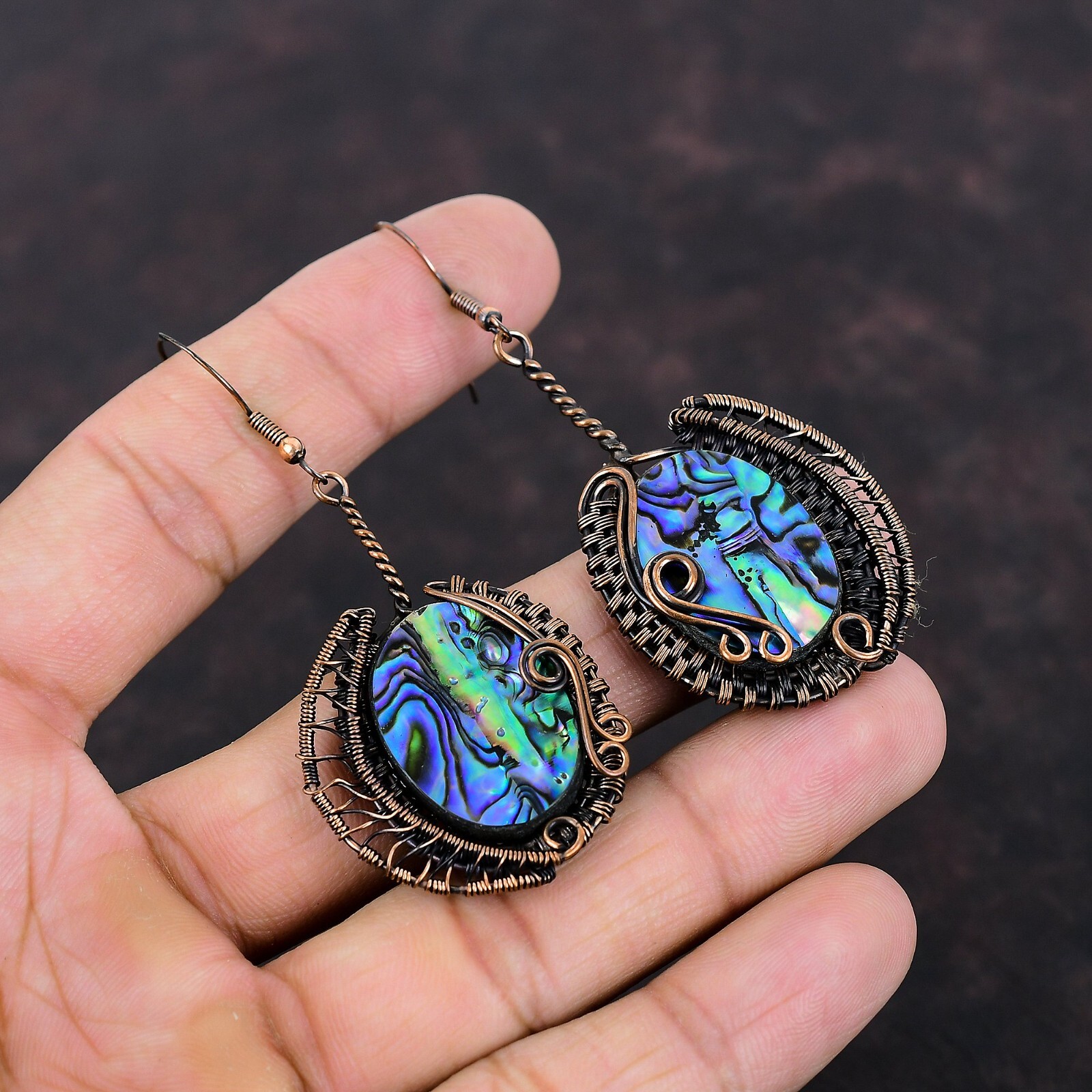 Abalone Shell Wire Wrapped Drop/Dangle Earrings Handcrafted Copper Unique 2.76″