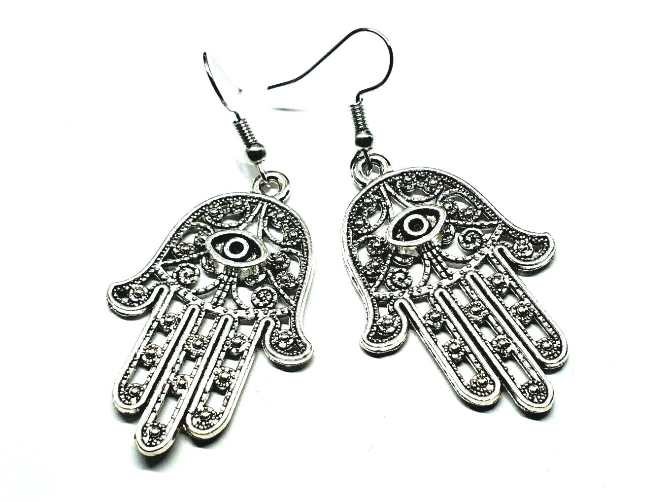 Large Hamsa Earrings Evil Eye Protection Filigree Silver Drop Dangle Jewellery