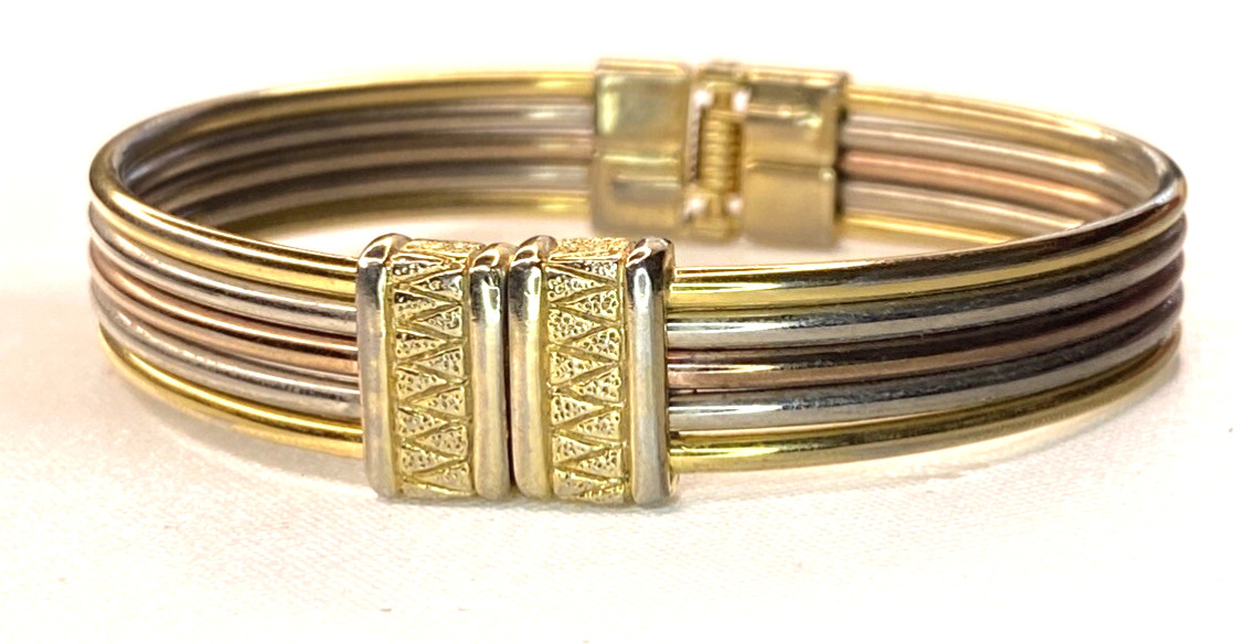 Stylish Tri-Color (Gold, Silver, & Rose gold) Hinged Bangle Bracelet